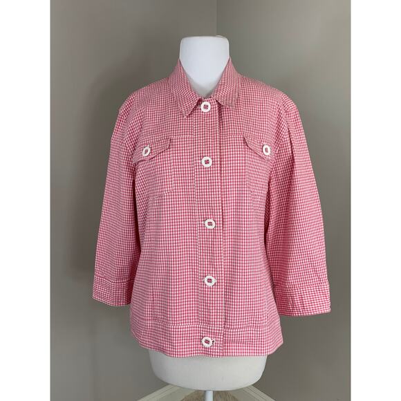Pink White Gingham Jacket Spring Summer Casual Coastal Preppy Vacation PlusSZ18 - Picture 2 of 9